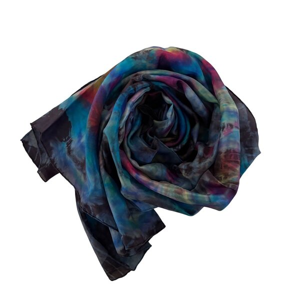 Handsewn Pure Silk Scarf Vibrant Multicolor Tie-Dye Design Fashion Accessory - Picture 3 of 7